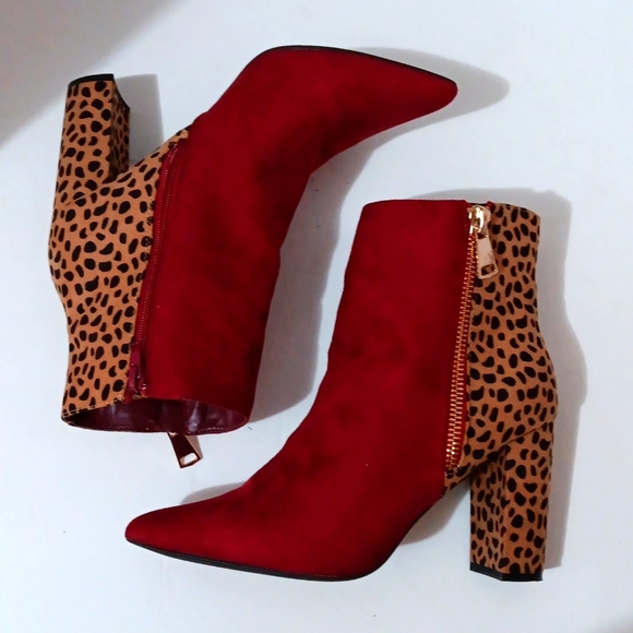 Bamboo Leopard Heel Vegan Suede Booties - Picture 1 of 7